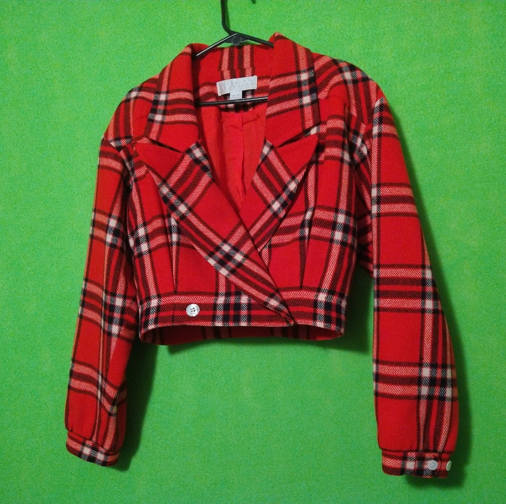 Plad cropped jacket, Charlotte Neuville, size 8, red, white and blue